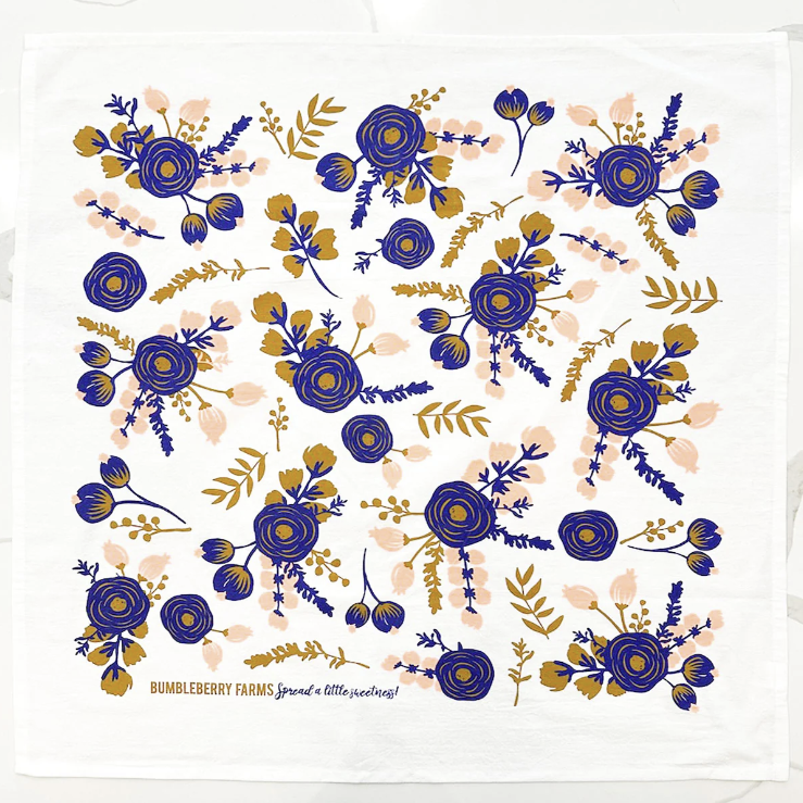Navy + Coral Blossom Dish Towel